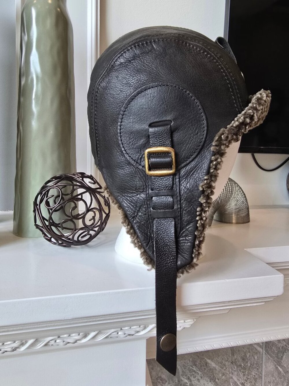 Vintage Gray Sheepskin Aviator Hat, Black Leather - Simon Model medium